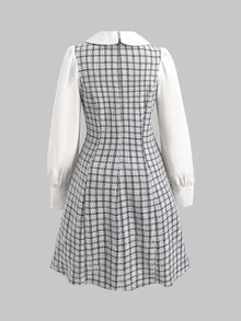 SHEIN 兒童青少年女孩休閒簡約優雅翻領大蝴蝶結裝飾格紋拼接 2 合 1 長袖 A 字短洋裝 - 淺灰色 - 查看 5