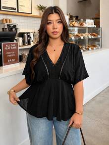 Vionelle Plus Size Black Wavy Ruffle V-Neck Blouse Hollow Patchwork Kimono Sleeves Cinched Waist Cropped Textured Shirt Casual Formal Birthday Summer - Black - View 4