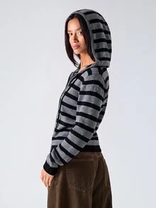 LYSMO Women's Striped Colorblock Drawstring Hooded Cardigan - Dark Grey - View 7