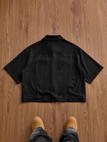 SWAVVY Men's Denim Effect Contrast Stitching Short Sleeve Collared Shirt - Black - View 2
