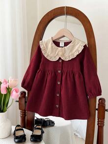 SHEIN Baby Girl Contrast Color Peter Pan Collar Front Button Dress - Red - View 7
