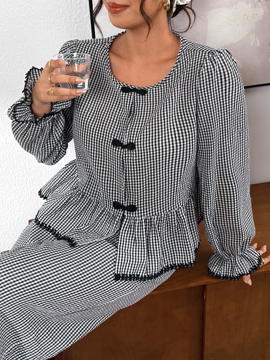 SHEIN Frenchy Plus Size Women's Plaid Pleated Long Sleeve Top And Pants Casual Daily 2 Pieces Set Elegant Daily Office Business Work Sets For Women Fall/Winter