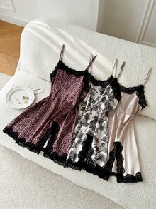 Moireta Women's Mature Elegant Floral Print, Leopard Print, Glossy Solid Color Satin Camisole Mini Nightgown 3-Piece Set - Multicolor - View 1