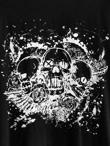 ROMWE Grunge Punk 女款骷髏印花拼接條紋二合一長袖休閒T恤 - 黑色 - 查看 3
