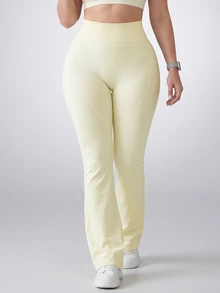Easithlete Easithlete Plus Size Women Solid Color High Waist Daily Fitness Sports Flare Leggings Pilates Sports Butter Yellow Summer - Beige - View 6
