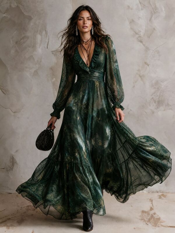 Solivie Women's Green Printed Dress, Romantic Vintage Autumn Fashion Dress  Elegant Dresses For Women Peasant Dress Graduation Dress