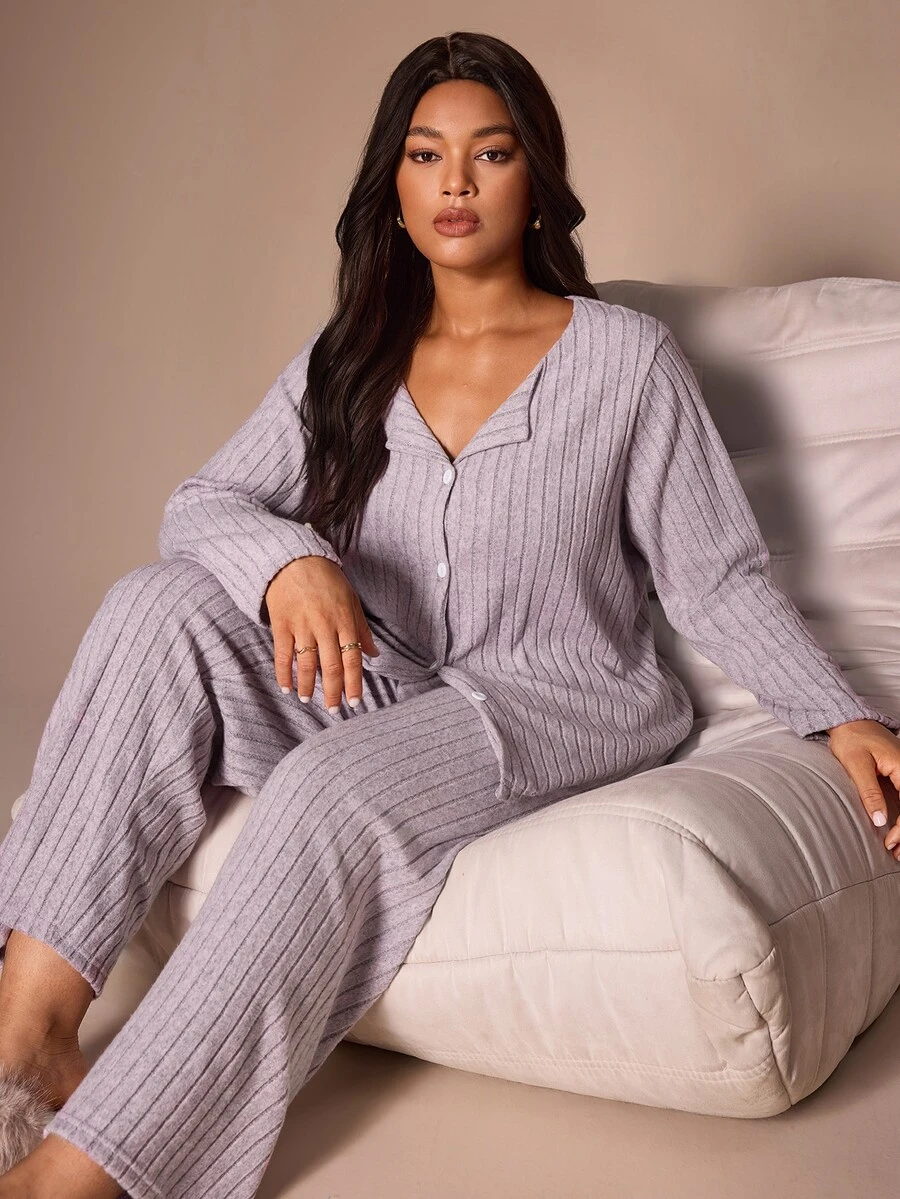 Lazeform Women's Plus Size Knit Ribbed Brushed Fabric Pajama Set, Minimalist Fashion Casual Small Lapel Open Front Long Sleeve Long Pants, Spring Autumn Winter, Can Be Worn Outdoors - Mauve Purple - View 1