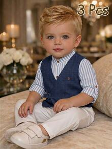 PrepCrw 3-Pack Cute Young Boy Casual Minimalist Academy Style Suit, Includes Regular Vest, Stand Collar Shirt, Adjustable Long Sleeve Top And Trousers, Gentleman Style, Suitable For Birthday Party, Dinner, Performance, Wedding, Baptism, Opening Ceremony And Other Occasions, Indoor And Outdoor, Daily Wear - Multicolor - View 2
