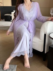 Dazy Plus Romantic Lace Contrast Mesh Camisole Maxi Dress Pajama Set, Soft Purple Fall - Purple - View 5