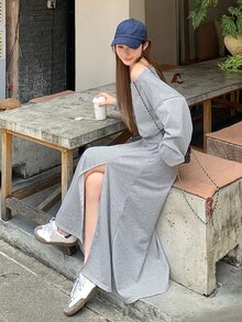 DAZY Women's Asymmetric Shoulder Casual Solid Color Long Sleeve Sweatshirt And Skirt 2 Pieces Set, Korean Style Fall - Grey - View 5