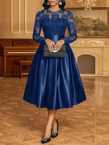 SHEIN Lady Women's Contrast Lace Round Neck Long Sleeve Pleated Design Elegant Midi Dress - Navy Blue - View 3