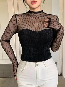DAZY 春秋夏季波點透視網紗拼接女款長袖性感上衣，適合派對與婚禮穿著 - 黑色 - 查看 5