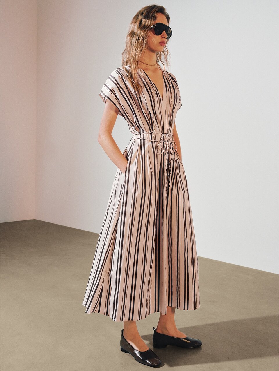 MOTF SPRING/SUMMER 100% COTTON V-NECK CONTRAST STRIPED PRINT BELTED DRESS, URBAN DAILY & DATE WEAR