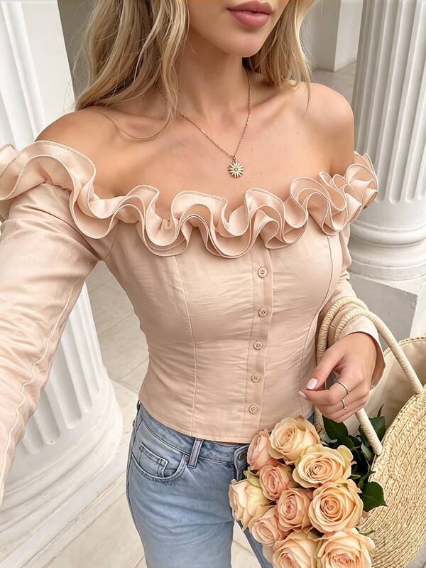 Cévolie French Style Light Apricot Textured Fabric Off-Shoulder Chiffon Top With Large Ruffle Trim, Thin Straps, Front Button Closure, Fitted Flare Long Sleeve Cropped Top