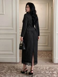 Vibekara Plus Size Striped 2-Piece Suit Set, Bodycon Skirt, Slim Fit Contrast Lace, Elegant Sexy, Brown-Red, Early Autumn - Black - View 2