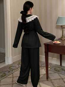 DAZY Charming Lace Ruffle Large Collar 2-Piece Women's Pajama Set - Black - View 2