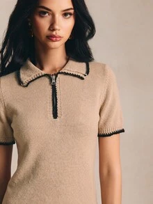 Poéselle 女款休閒日常拉鍊半開襟短袖針織上衣 - 卡其色 - 查看 6