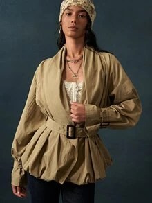 Bohemela Women's Solid Color Shawl Collar Long Sleeve Casual Jacket - Army Green - View 4