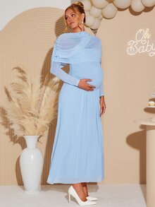 Loomaby Maternity Gentle Versatile Mesh Long Sleeve Dress Gender Reveal Baby Shower Fall Photoshoot Baby Blue Elegant Romantic Sexy Chic - Baby Blue - View 7