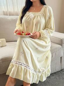 Dazy Plus Romantic Sweet Ditsy Floral Ruffle Trim Square Neck Long Nightgown, Spring/Autumn New Style - Yellow - View 5