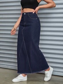 SHEIN Tall Casual Washed Raw Edge Denim Skirt - Dark Wash - View 4