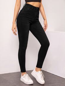 SHEIN Essnce 休閒水洗高腰修身牛仔褲 - 黑色 - 查看 5