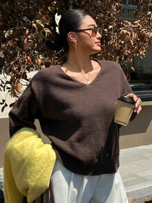 Dazy Plus Solid Color Loose Long Sleeve V-Neck Sweater Autumn/Winter New Brown - Brown - View 5