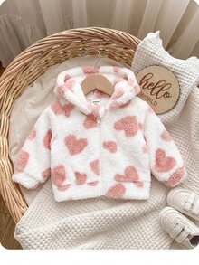 SHEIN 新生女嬰秋冬可愛百搭愛心毛絨連帽外套 - 粉色 - 查看 4