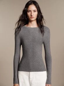 Anewsta Essential Women's Tencel Wool Seamless Knit Top, Slim Fit Basic Sweater, Minimalist Layering Base Layer, Autumn Everyday Home Grey - Grey - View 2