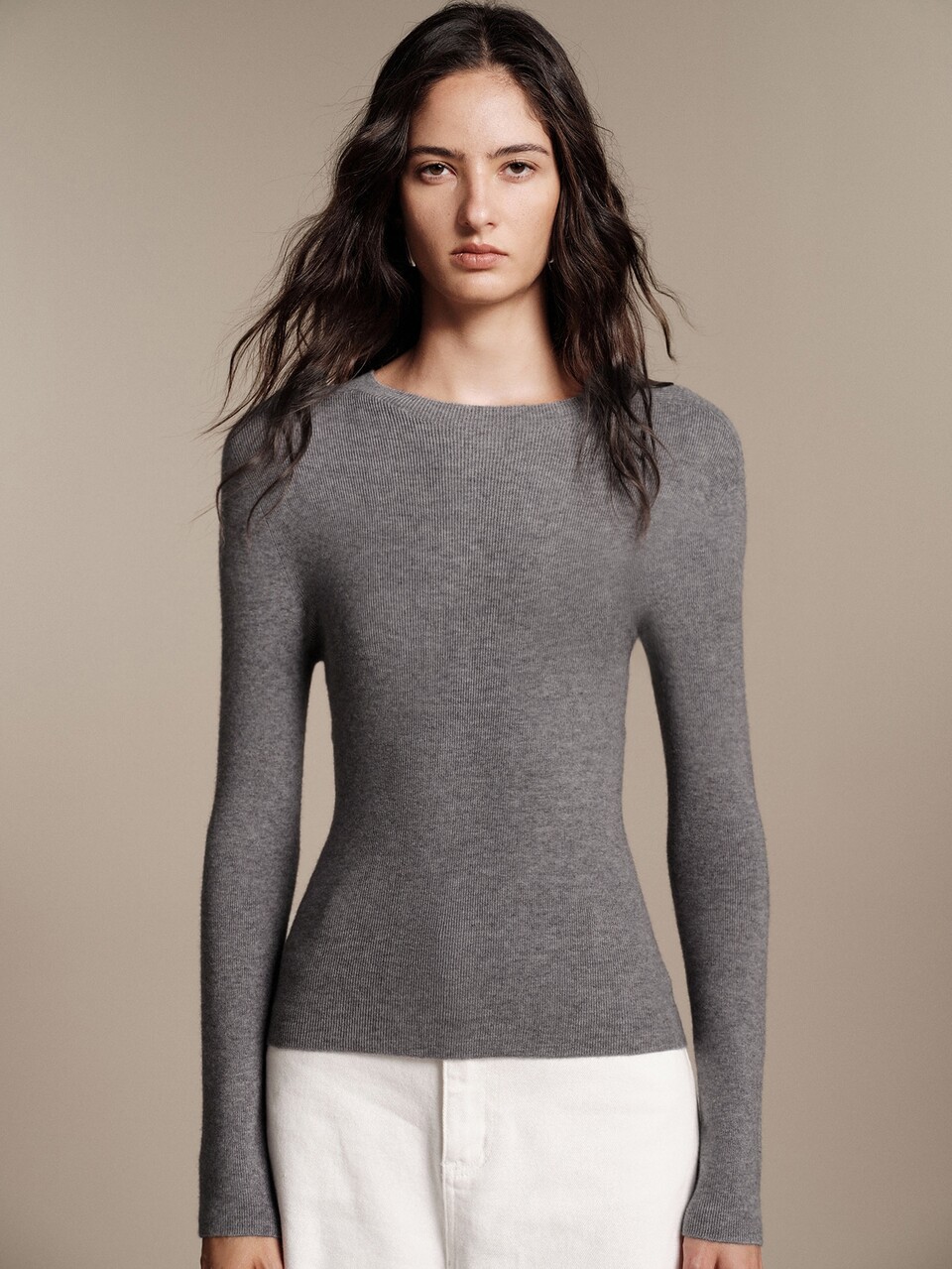 Anewsta Essential Women's Tencel Wool Seamless Knit Top, Slim Fit Basic Sweater, Minimalist Layering Base Layer, Autumn Everyday Home Grey