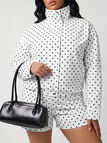 Solavibe Plus Size Women Polka Dot Long Sleeve Jacket And Shorts Casual 2 Pieces Set - Apricot - View 5