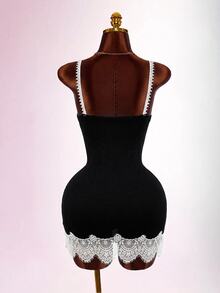 Amplova Women's Lace Patchwork Knit Dress, Backless Sexy Style, Suitable For Boudoir Wear, Sexy - Black - View 5