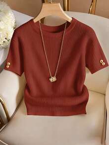 Franclia Elegant Round Neck Knit T-Shirt, Minimalist Fashion Knit T-Shirt, Summer New Arrival - Red - View 1