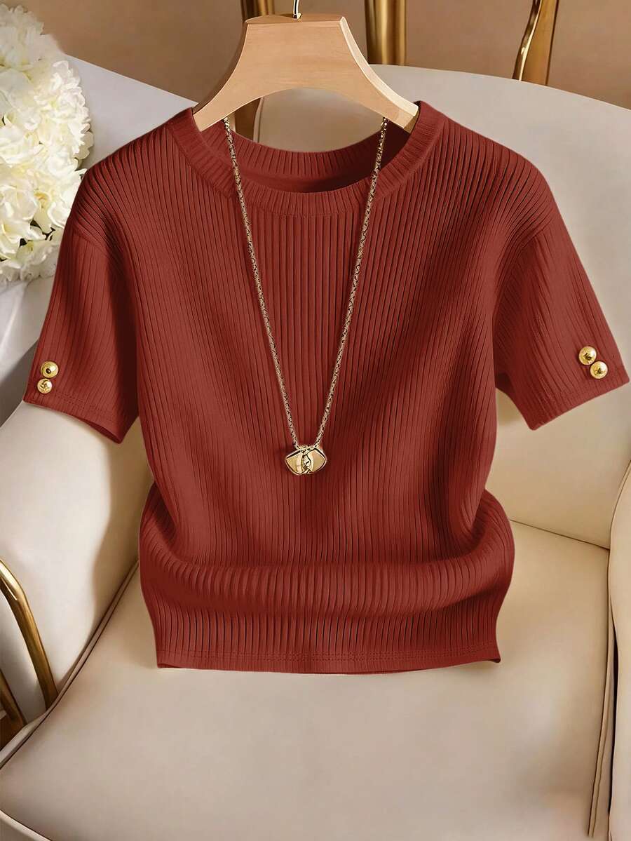 Franclia Elegant Round Neck Knit T-Shirt, Minimalist Fashion Knit T-Shirt, Summer New Arrival - Red - View 1