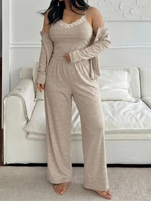 Dazy Plus Korean Style Casual Loungewear 3 Pieces Set With Long Pants, Spring/Autumn New Pajama Set - Khaki - View 1