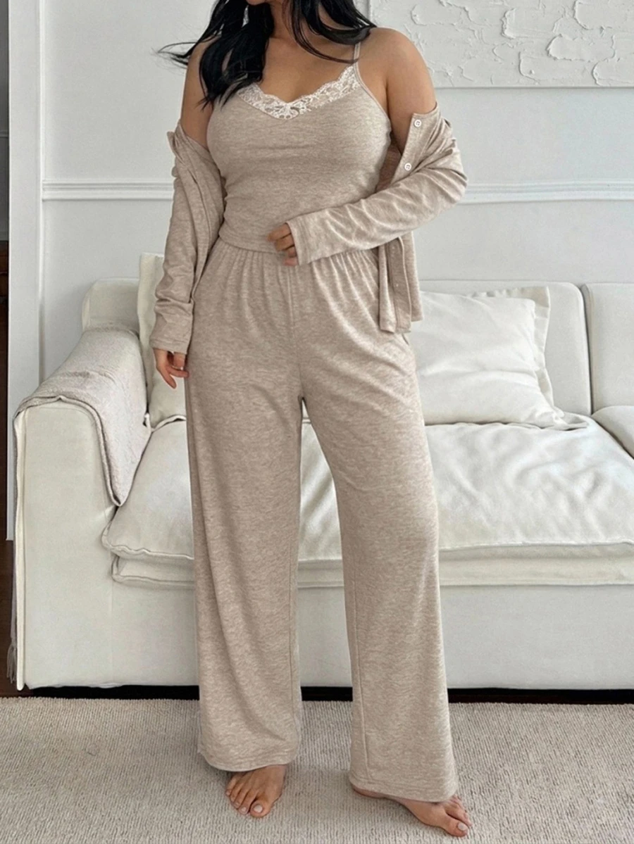 Dazy Plus Korean Style Casual Loungewear 3 Pieces Set With Long Pants, Spring/Autumn New Pajama Set - Khaki - View 1