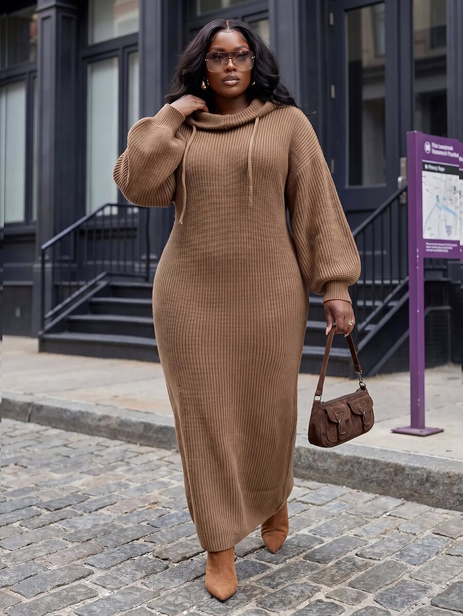 Slaydiva Plus Size Women's Knit Dress, Coffee Cowl Neck Drawstring Thick Rib Plus Size Maxi Sweater Dress - Coffee Brown - View 1