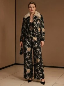 MOTF PREMIUM WOMEN'S PLUS SIZE FLORAL PATTERN WIDE LEG SUIT PANTS - Multicolor - View 6