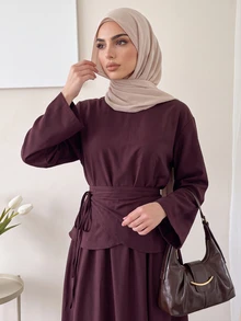 Solavon Women's Solid Color Round Neck Long Sleeve Side Knot Elegant Arabian Dress - Brown - View 6