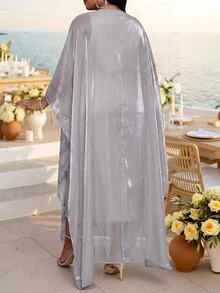 Fleurora Plus Size Women's Floral Embroidered Mesh Batwing Sleeve Elegant Dress - Silver - View 2
