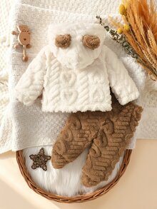 SHEIN Unisex Coral Fleece Set With Bear Embroidery For Newborn Babies, Winter Cute Style - Brown - View 4