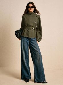 Poéselle 女款純色長袖單排扣休閒風衣 - 軍綠色 - 查看 2