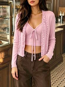 Cévolie Women's 2-Piece Set: Pink Elegant Romantic Early Autumn Knit Long Sleeve Cardigan With Ruffle Trim And Bow Tie Strap Camisole - Pink - View 1