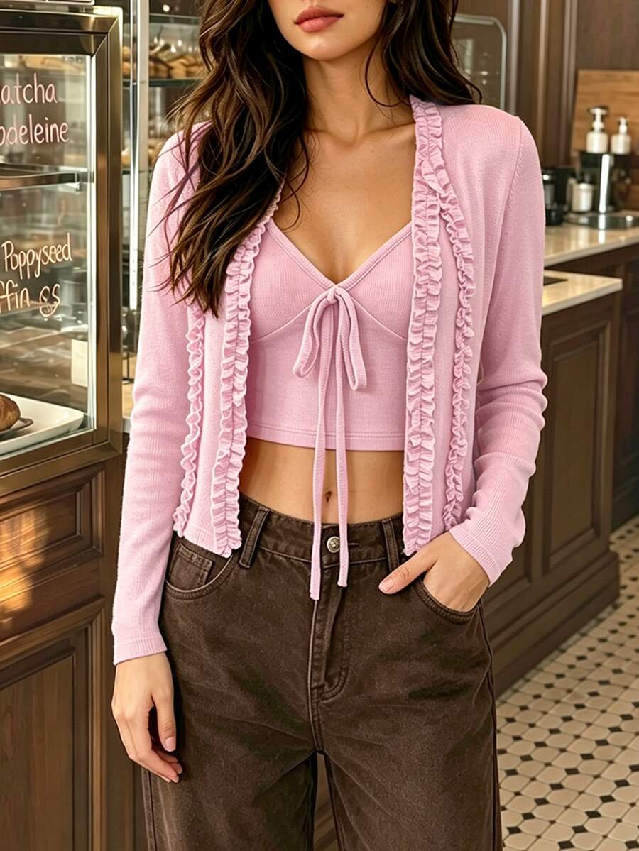 Cévolie Women's 2-Piece Set: Pink Elegant Romantic Early Autumn Knit Long Sleeve Cardigan With Ruffle Trim And Bow Tie Strap Camisole - Pink - View 1