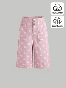 SHEIN Little Byeori 女嬰鈕扣口袋時尚波點印花牛仔長褲 - 粉色 - 查看 1