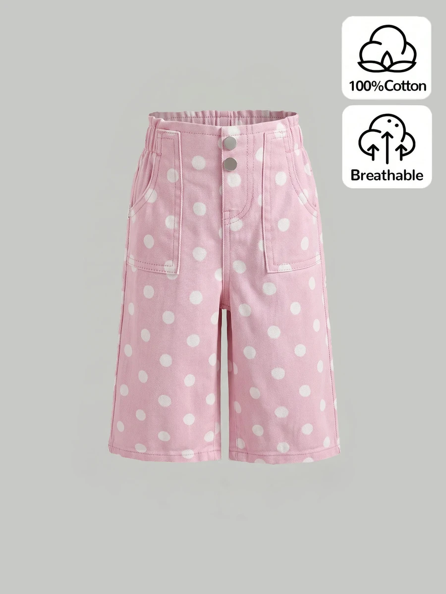 SHEIN Little Byeori 女嬰鈕扣口袋時尚波點印花牛仔長褲 - 粉色 - 查看 1