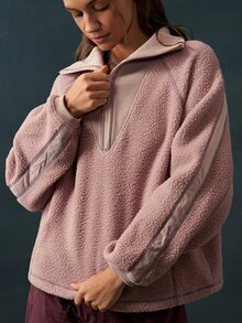 Bohemela Women's Solid Color Raglan Long Sleeve Half-Zip Fleece Sweatshirt - Purple - View 4