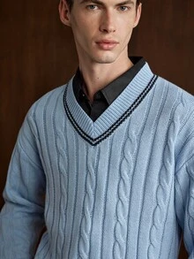 Manfinity CityGents 男士復古粗針編織V領長袖百搭毛衣 - 藍色 - 查看 7