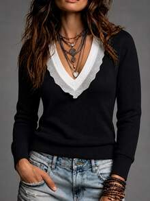 SHEIN Women's Contrast Color V-Neck Long Sleeve Casual Versatile Sweater - Black - View 3