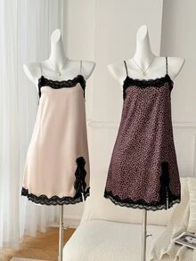 Moireta Women's Mature Elegant Floral Print, Leopard Print, Glossy Solid Color Satin Camisole Mini Nightgown 3-Piece Set - Multicolor - View 3